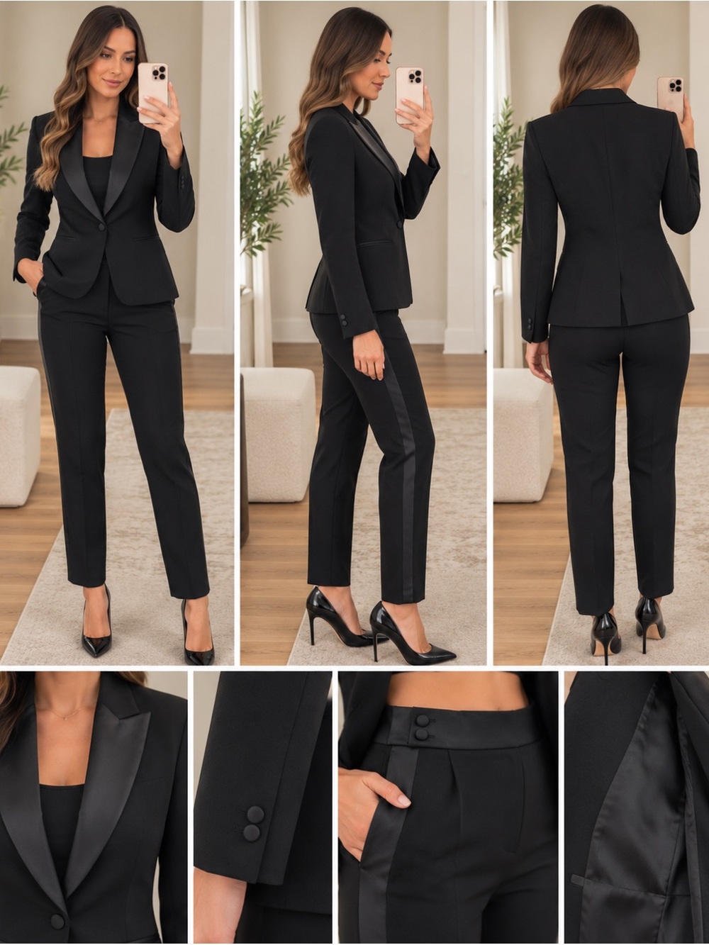 Women’s Black Satin-Trim Tailored Pantsuit
